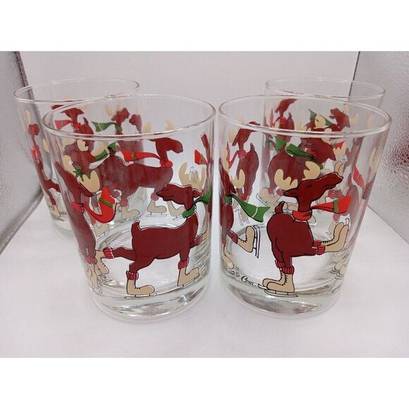 4 Vintage Cera Glasses / Tumblers Ice Skating Moose LowBall Eggnog Drinking Cups - Picture 10 of 13